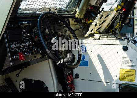 BERLIN, GERMANY - JUNE 02, 2016: The driver's cab of the launching missile station IRIS-T SLS with command and fire-control system of the company Diehl Defence. Exhibition ILA Berlin Air Show 2016 Stock Photo