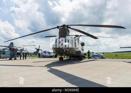 BERLIN, GERMANY - JUNE 02, 2016: The twin-engine, tandem rotor heavy-lift helicopter Boeing CH-47 Chinook. US Army. Exhibition ILA Berlin Air Show 2016 Stock Photo