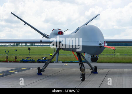 BERLIN, GERMANY - JUNE 02, 2016: Unmanned combat air vehicle General Atomics MQ-9 Reaper. US Air Force. Exhibition ILA Berlin Air Show 2016 Stock Photo