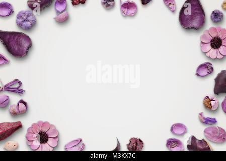 Purple flower decorations on white background. Free space for text. Stock Photo