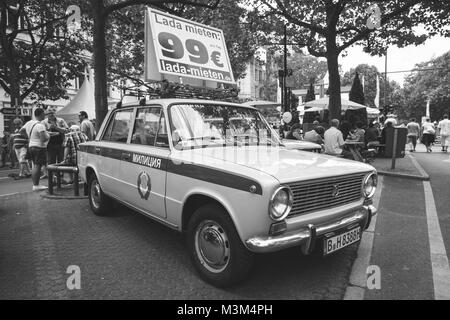 BERLIN - JUNE 05, 2016: The popular Soviet car VAZ 2101 in the colors of the traffic police of the USSR. Black and white vintage style. Classic Days Berlin 2016. Stock Photo