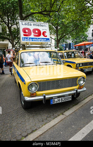 BERLIN - JUNE 05, 2016: The popular Soviet car VAZ 2101 in the colors of the traffic police of the USSR. Classic Days Berlin 2016. Stock Photo