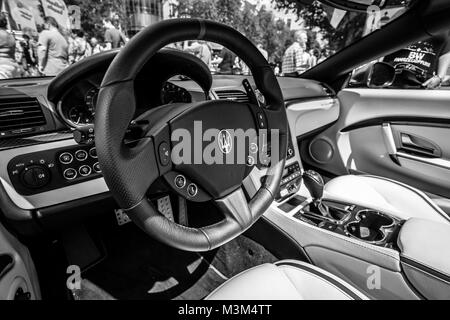 BERLIN - JUNE 05, 2016: Interior of grand tourer car Maserati GranCabrio MC, since 2012. Black and white. Classic Days Berlin 2016 Stock Photo