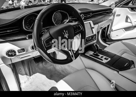 BERLIN - JUNE 05, 2016: Interior of full-size luxury car Maserati Quattroporte VI, since 2013. Black and white. Classic Days Berlin 2016 Stock Photo