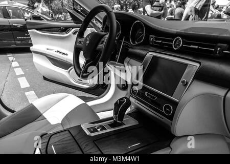 BERLIN - JUNE 05, 2016: Interior of full-size luxury car Maserati Quattroporte VI, since 2013. Black and white. Classic Days Berlin 2016 Stock Photo