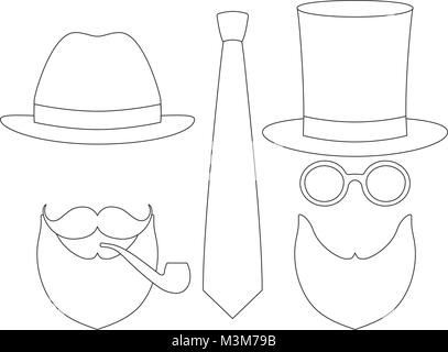 Icon line art poster man father dad day avatar elements set tall hat glasess mustache smoking pipe beard classic tie. Stock Vector