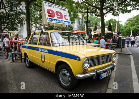 BERLIN - JUNE 05, 2016: The popular Soviet car VAZ 2101 in the colors of the traffic police of the USSR. Classic Days Berlin 2016. Stock Photo