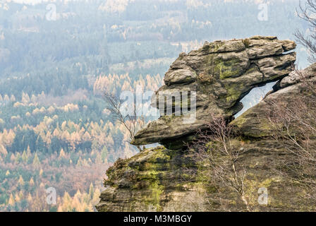 Head shaped sandstone rock formation in Saxon Switzerland, Saxony, East Germany Stock Photo