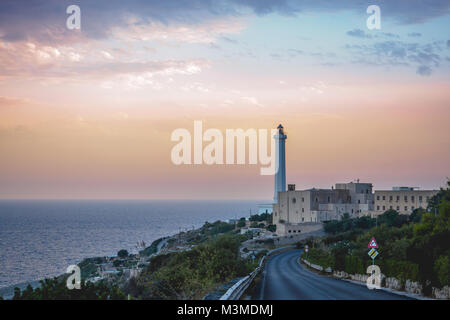 Santa Maria di Leuca (Italy), August 2017. View of the iconic lighthouse in Leuca, along the Apulian coast at sunset. Landscape format. Stock Photo