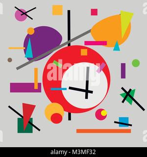 Geometric illustration of retro alarm clock cubism supermatism. A square, a circle of a line. Stylization for the works of Malevich in the style of Cu Stock Vector