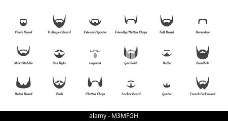 Vector cartoon style set of man different  fashion beards and mustaches silhouettes. Facial hair types guide on white background. Stock Vector