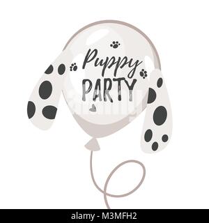 Vector  cartoon style illustration of Dog party greeting card with air balloon with dogs ears with black spots like a dalmatian dog. Stock Vector