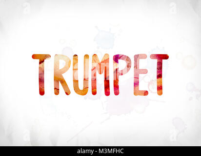 The word Trumpet concept and theme painted in colorful watercolors on a white paper background. Stock Photo