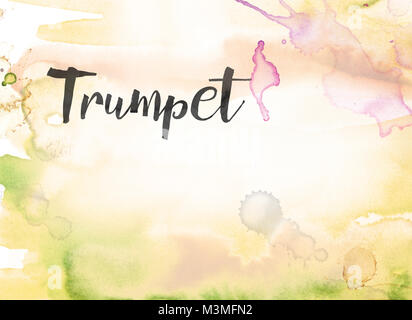 The word Trumpet concept and theme written in black ink on a colorful painted watercolor background. Stock Photo