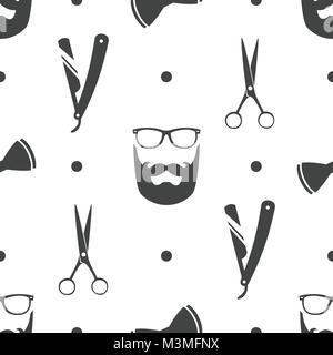 Vector cartoon style seamless pattern with  hipster beard, glasses, razor on white background. Barbershop ornament. Stock Vector