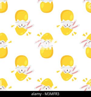 Vector cartoon style seamless pattern with Easter cute bunny hatched from yellow egg on white background. Stock Vector
