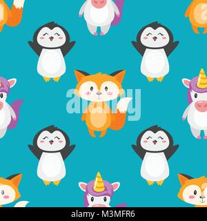 Vector cartoon style seamless pattern with cute animals on blue background. Stock Vector