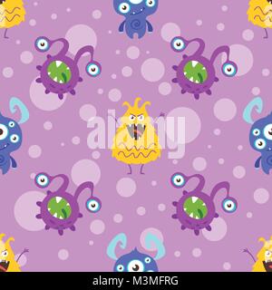 Vector cartoon style seamless pattern with colorful funny bacteria characters on  purple background. Stock Vector