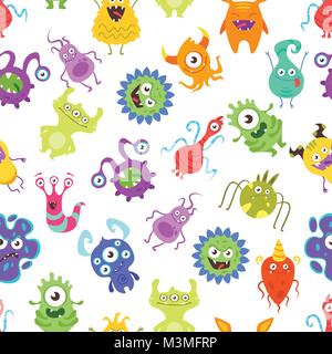 Vector cartoon style seamless pattern with colorful funny bacteria characters on  white background. Stock Vector
