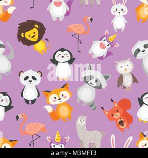 Vector cartoon style seamless pattern with cute animals on purple background. Stock Vector