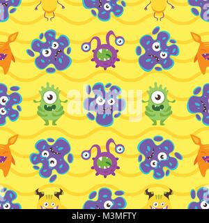 Vector cartoon style seamless pattern with colorful funny bacteria characters on yellow background. Stock Vector
