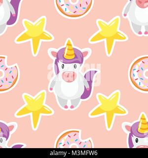 Vector cartoon style seamless pattern with unicorn, stars, tasty doughnut on pink background. Stock Vector