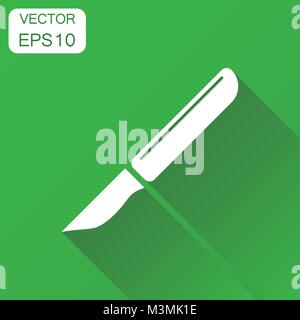 Medical scalpel icon. Business concept hospital surgery knife pictogram. Vector illustration on green background with long shadow. Stock Vector