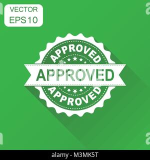 Approved seal stamp icon. Business concept approve accepted badge pictogram. Vector illustration on green background with long shadow. Stock Vector