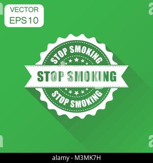 Stop smoking rubber stamp icon. Business concept no smoke stamp pictogram. Vector illustration on green background with long shadow. Stock Vector