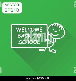 Back to school placard in hands icon. Business concept hand drawn welcome school pictogram. Vector illustration on green background with long shadow. Stock Vector