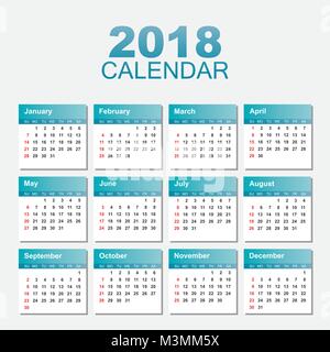 Calendar 2018 year in simple style. Calendar planner design template. Week starts on Sunday. Business vector illustration. Stock Vector