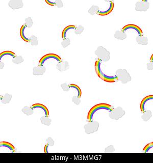 Rainbow with clouds seamless pattern background icon. Business flat vector illustration. Rainbow sign symbol pattern. Stock Vector
