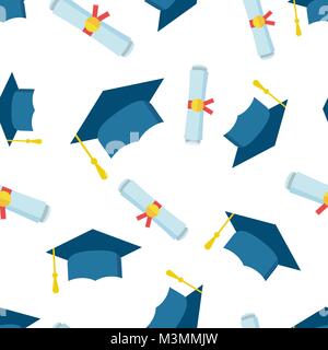 Graduation cap and diploma rolled scroll seamless pattern background icon. Business flat vector illustration. Finish education sign symbol pattern. Stock Vector