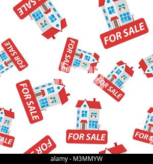 For sale sign with house seamless pattern background icon. Business flat vector illustration. House sign symbol pattern. Stock Vector