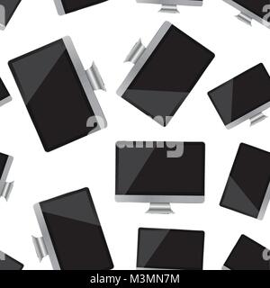 Desktop computer monitor seamless pattern background. Business flat vector illustration. Realistic device sign symbol pattern. Stock Vector
