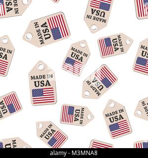 Hang tag made in USA sticker with flag seamless pattern background. Business flat vector illustration. Made in USA sign symbol pattern. Stock Vector