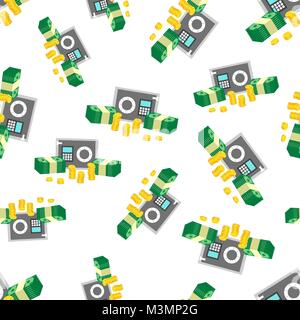 Closed small safe box and stacks of gold coins and stacks of dollar cash seamless pattern background. Business flat vector illustration. Money sign sy Stock Vector