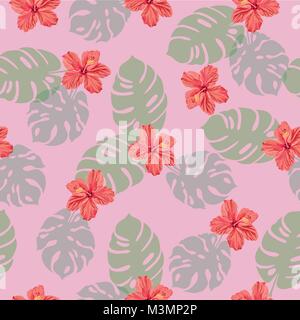 Seamless tropical pattern with mostera deliciosa and jamaica flowers in green and fuschia. Stock Vector