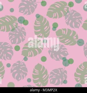 Seamless tropical pattern with mostera deliciosa and dots in green and pastel pink colors. Stock Vector