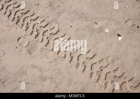 Tyre tracks and foot prints run diagonally across the sand on a beach  on the Outer Banks; North Carolina Stock Photo