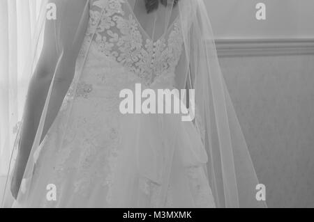 Black and White Image of a Bride in her Wedding Dress Stock Photo