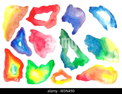 Watercolor collection of illustrations of blots of spots and traces. Color stretching. Set of isolated image on white background. Handmade drawing. Stock Photo