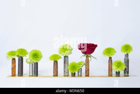 Row of Rusted Antique Bullet Shells Casings Hold Flowers and One Red Rose on White Background Stock Photo