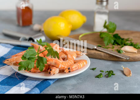 Fresh boiled shrimps. Seafood. Stock Photo