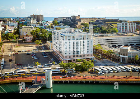 Aerial view of old San Juan, Puerto Rico and La Perla slum Stock Photo ...