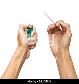 Man hand holding Cigarette and Green lighter isolated on white background with clipping path. Stock Photo