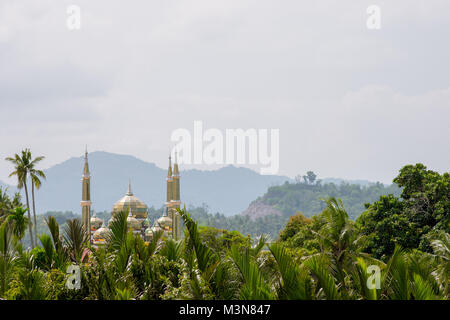 The minarets and dome of the Crystal Mosque or Masjid Kristal in Kuala Terengganu, Malaysia towering above a foreground view of tropical palm trees. Stock Photo