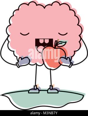 comic brain eating apple kawaii character Stock Vector