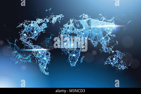 Polygonal World Map Glowing Wareframe Mesh, Global Travel And International Connection Concept Stock Vector