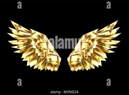 Gold, faceted, polygonal wings on a black background. Golden wings. Stock Vector